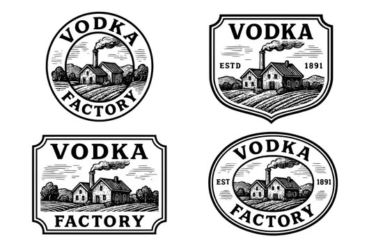 Vintage engraved logo collection featuring a vodka factory emblem with rustic charm and historical significance