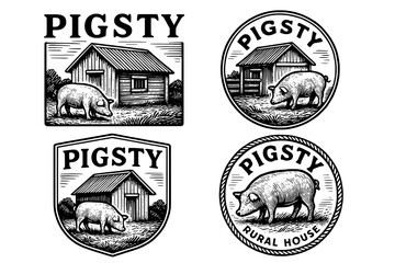 Vintage pigsty logo collection showcasing engraved illustrations of rural charm and timeless design elements