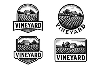 Elegant vintage vineyard logos showcasing engraved designs of serene landscapes and rustic farmhouses in a classic collection