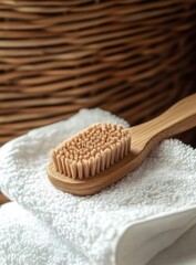Close-up of a light beige, textured brush with a wooden handle resting on a white towel.  Natural elements