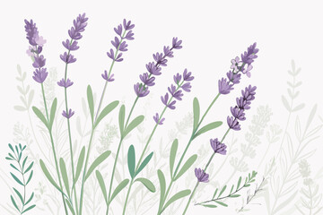 Delicate lavender flowers with soft green leaves against a light background.