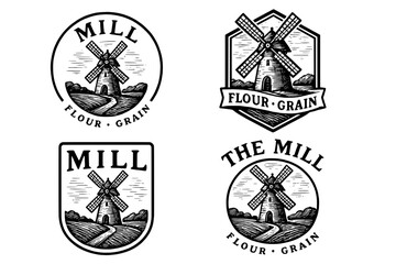 Vintage engraved windmill logo collection featuring flour and grain themes with intricate designs