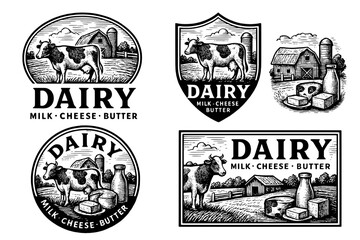 Vintage dairy emblem collection showcasing engraved illustrations of cows, barn, cheese, and butter design