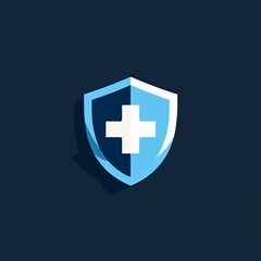 Obraz premium A simple, modern shield icon with a white cross on a dark blue background, conveying protection and security.