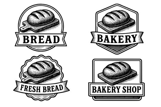 Explore a collection of vintage bakery emblems showcasing bread illustrations designed for artisan shops and local cafes