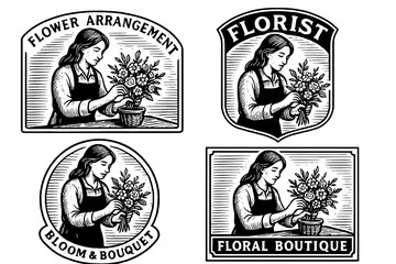 Vintage floral emblems showcasing a skilled florist creating beautiful arrangements in an engraved illustration style