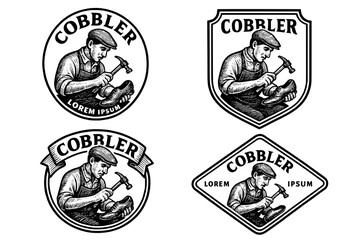 Obraz premium Engraved vintage emblem collection featuring a cobbler at work with traditional tools in a craft setting