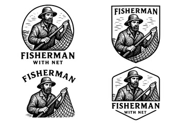Obraz premium Engraved vintage logo collection featuring a fisherman with net in unique designs