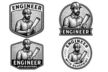Vintage emblem design featuring an engineer holding a blueprint in an engraved illustration style, showcasing craftsmanship and originality