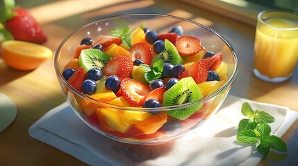 Fresh Fruit Salad in a Glass Bowl with Orange Juice