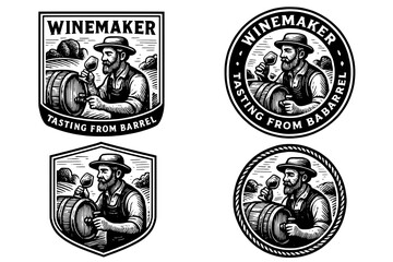 Obraz premium Vintage engraved emblem depicting a winemaker tasting wine from a barrel in a classic design representing craftsmanship and tradition