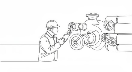 Continuous line drawing of industrial worker inspecting equipment wearing safety helmet