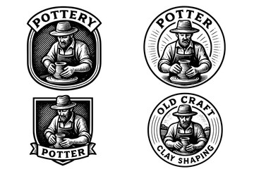 Fototapeta premium Explore the artistry of vintage potter emblems showcasing the timeless craft of clay shaping in an engraved collection