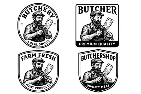 Distinctive engravings of vintage butcher emblems showcasing quality and local goods in an artistic display of craftsmanship