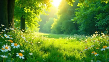 Fototapeta premium Lush green meadow with wildflowers, vibrant spring foliage , vegetation, plant