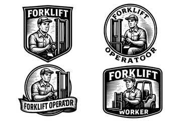 Obraz premium Vintage emblem design featuring a forklift operator in a classic engraved style, showcasing craftsmanship and industrial heritage