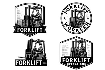 Vintage collection of engraved forklift logos featuring skilled operators in action