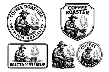 Engraved vintage coffee roasting emblem collection featuring a skilled artisan at work