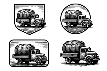 Vintage engraved logo collection featuring classic trucks transporting barrels in unique designs