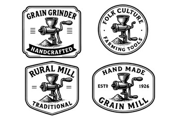 Vintage engraved logo collection featuring handcrafted grain grinders and traditional farming tools in various designs