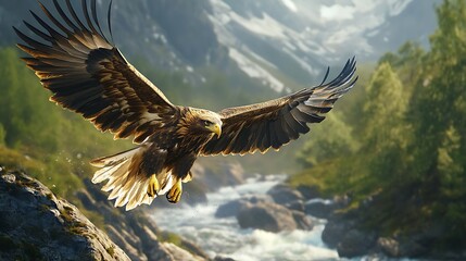 Fototapeta premium Eagle soaring over mountain landscape