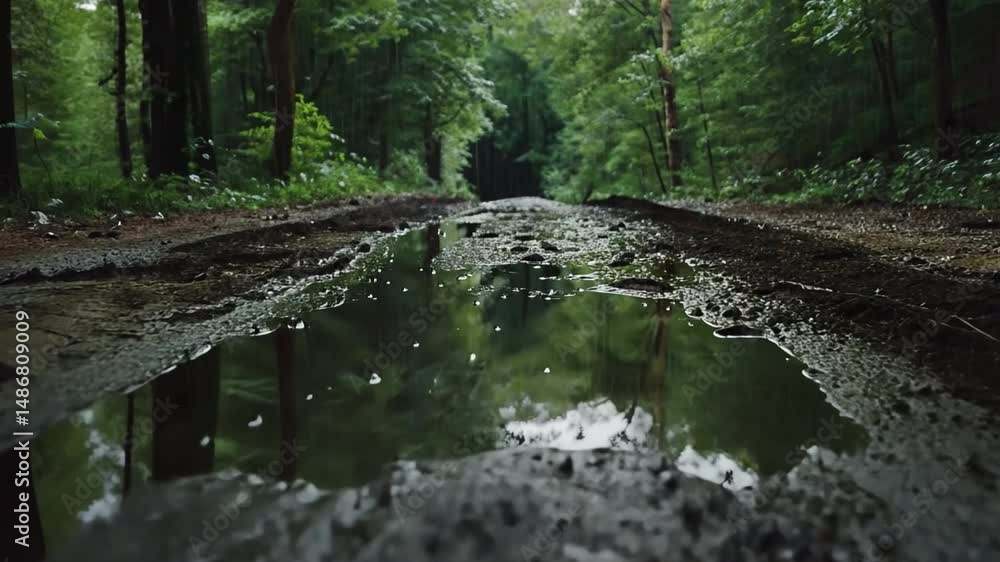 Poster tranquil forest path with puddle reflection of lush greenery and trees, inviting peaceful connection