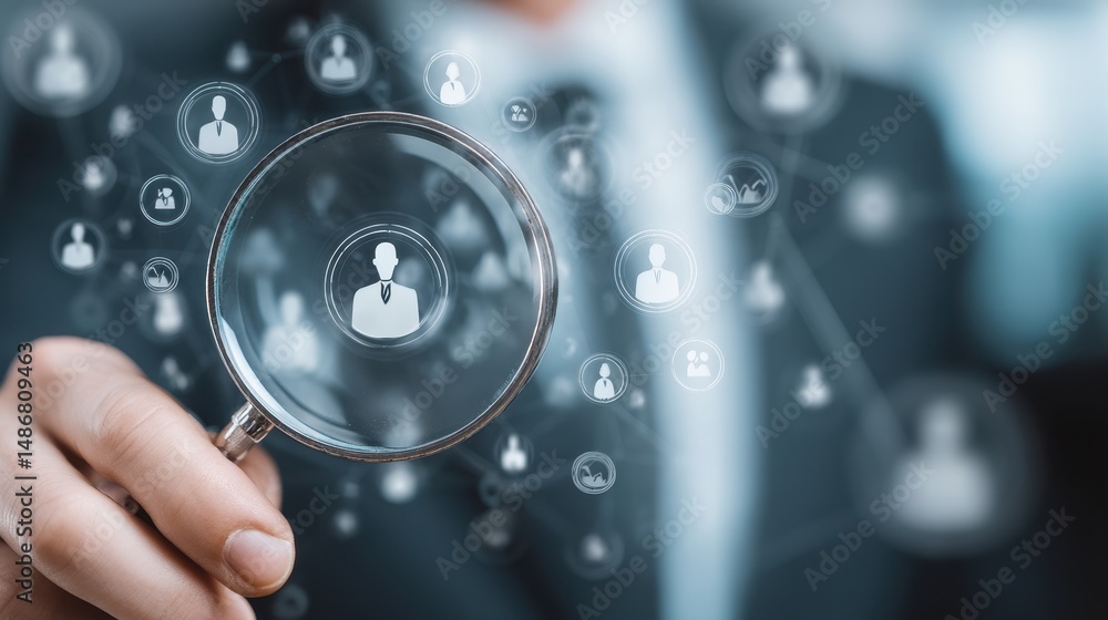 Aufkleber business professional using magnifying glass for research on team and networking in digital connecti