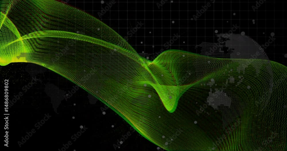 Aufkleber neon green digital wave mesh sweeping across dark grid field, showing dotted world map patterns