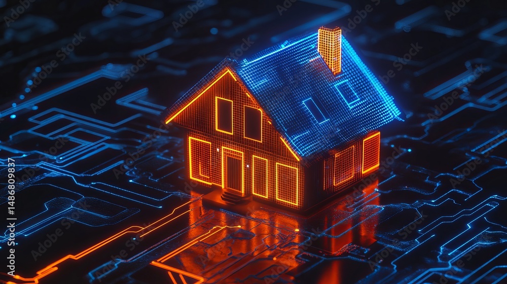 Poster smart home technology digital house network circuit board modern futuristic building architecture de