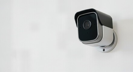 Modern outdoor security camera mounted on white wall. Smart home surveillance technology for property protection. Internet of things device for remote monitoring and safety