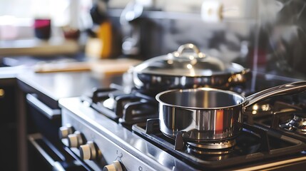 Stainless Steel Pots On Gas Stove In Brightly Lit Kitchen Close Up