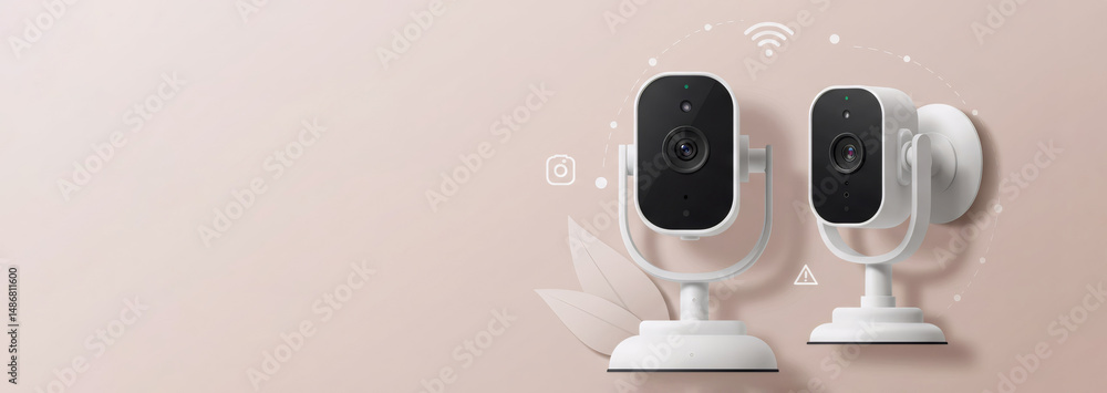 Poster smart home security cameras with wireless connectivity and motion detection. internet of things tech