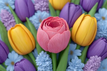 Fototapeta premium Spring Flowers Bouquet Tulips Hyacinths Daisies Close up Shot