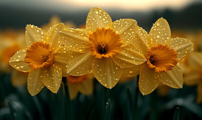 Fototapeta premium Vibrant yellow daffodils with water droplets close up