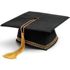 Graduation Cap with Golden Tassel and Trim - Elegant black graduation cap featuring a golden tassel and decorative trim, isolated on a white background, symbolizing academic achievement. High quality