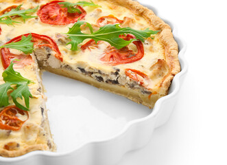 Delicious tomato tart with arugula leaves on white background, closeup