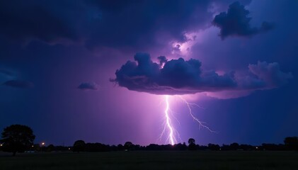 Dramatic bolt of lightning striking a dark stormy sky at night, powerful electrical storm , thunderstorm, wild