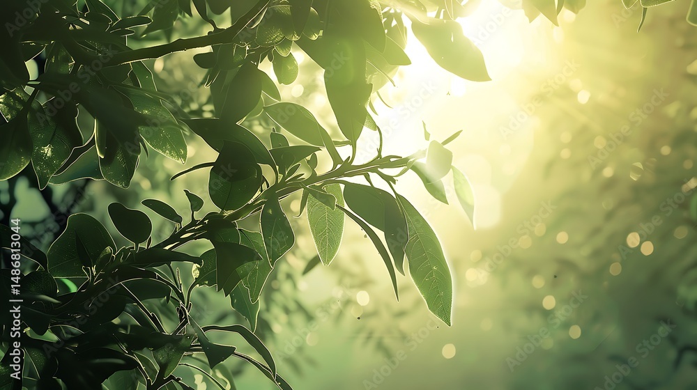 Poster sunlit green foliage with light rays creating a warm and tranquil scene