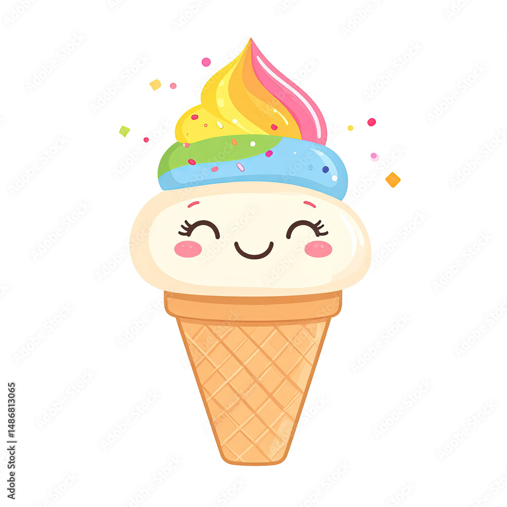 Poster colorful ice cream cone with a smiling face and rainbow-colored soft serve on transparent background