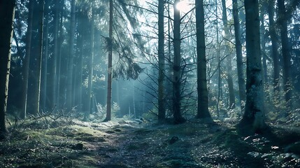 Obraz premium Sunlit Forest Scene with Sunlight Through Trees a Pathway and Green Hues