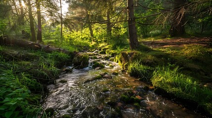Fototapeta premium Sunlit Forest Stream With Green Vegetation And Flowing Water Scene