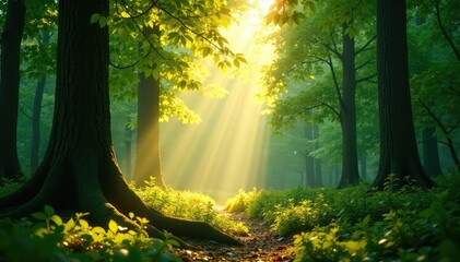 Obraz premium Bright sunlight streams through leaves, dappling the forest floor in radiant light , light, rays, forest floor