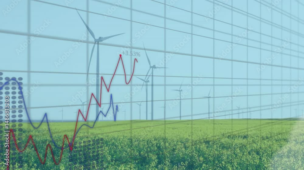 Poster semi-transparent grid and colored line graphs moving across green crop field and wind turbines