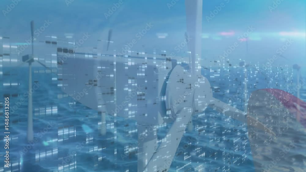 Poster 3d render showing wind turbine nacelle and blades rotating over calm sea with data overlay glowing