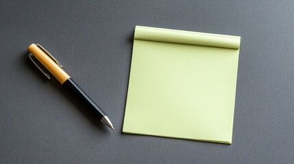 Yellow notepad and black pen on dark gray surface simple stationery mockup