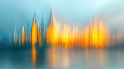 Abstract cityscape sunrise golden hour blurred skyline peaceful urban scene