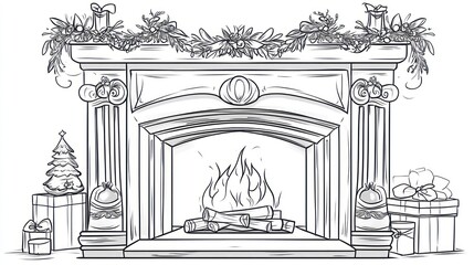 Fototapeta premium Christmas Fireplace Illustration, Festive Decor, Elegant Mantelpiece