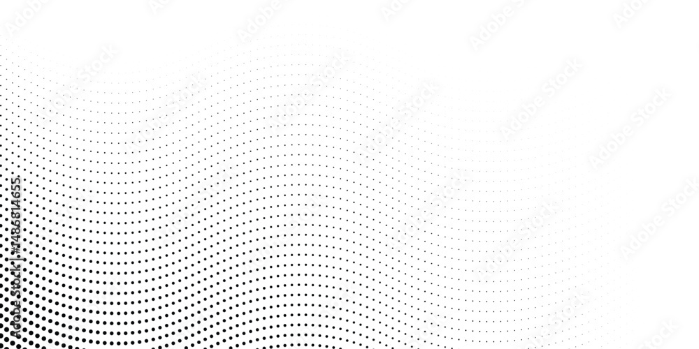 Poster flowing dots particles wave pattern 3d curve halftone black gradient curve shape isolated on white b