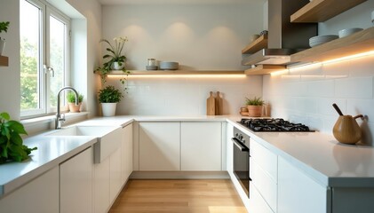 A clean and bright kitchen, showcasing sparkling countertops and appliances, ready for the day , light, homemaking, organized