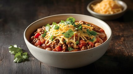 Bowl of Chili with Ground Beef, Beans, Tomatoes, Cheese, and Cilantro